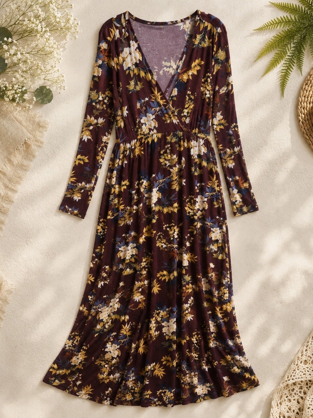 Jessica Simpson Burgundy Floral Maxi Dress Tie Waist Long Sleeve M